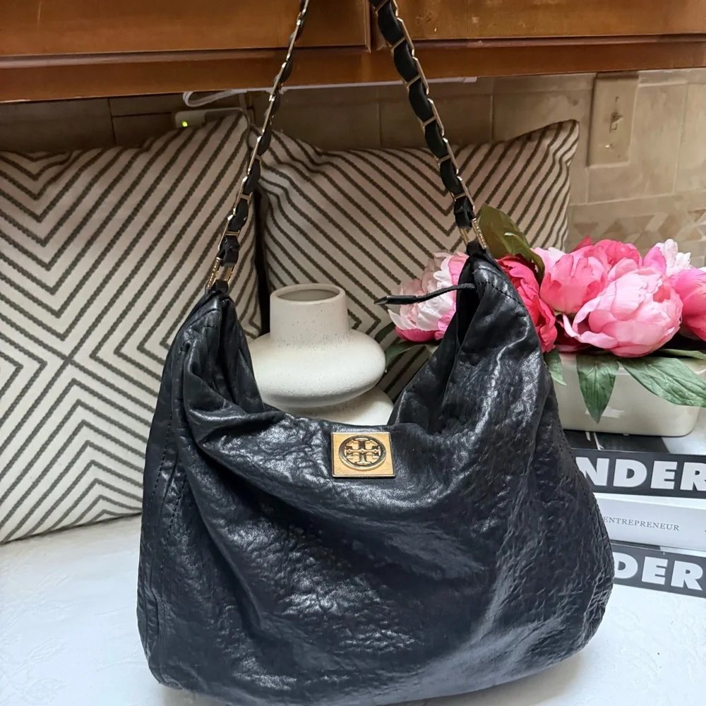 Tory Burch Black Leather Hobo with Gold Chain Detail